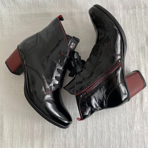 Remonte Patent Leather Black & Red Ankle Boots Sz 8.5 - Picture 2 of 16